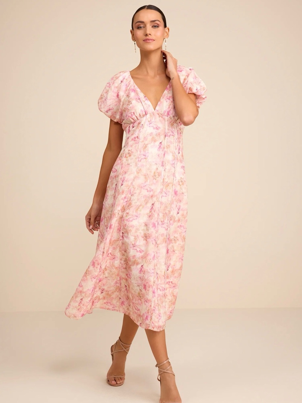 Lulu's Blush Pink Floral Puff-Sleeve Midi Dress